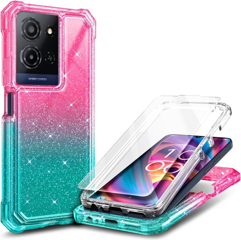 WDHD Compatible with TCL K32 5G & K33 5G Phone Case Glitter Pink/Aqua | Full-Body Protective Shockproof Rugged Bumper Cover with Screen Protector, Raised Corners Drop Protection - Image 1